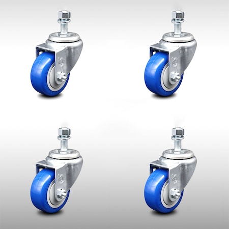 Service Caster 3 Inch SS Blue Polyurethane Wheel Swivel 12mm Threaded Stem Caster Set SCC SCC-SSTS20S314-PPUB-BLUE-M1215-4